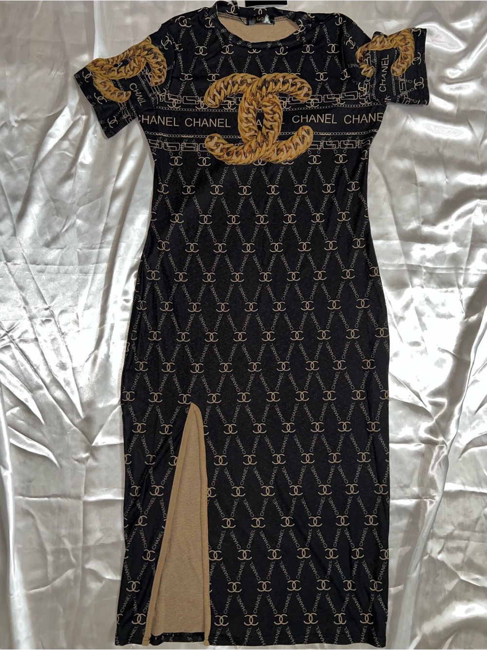 Inspired Black and Gold Logo Midi Dress